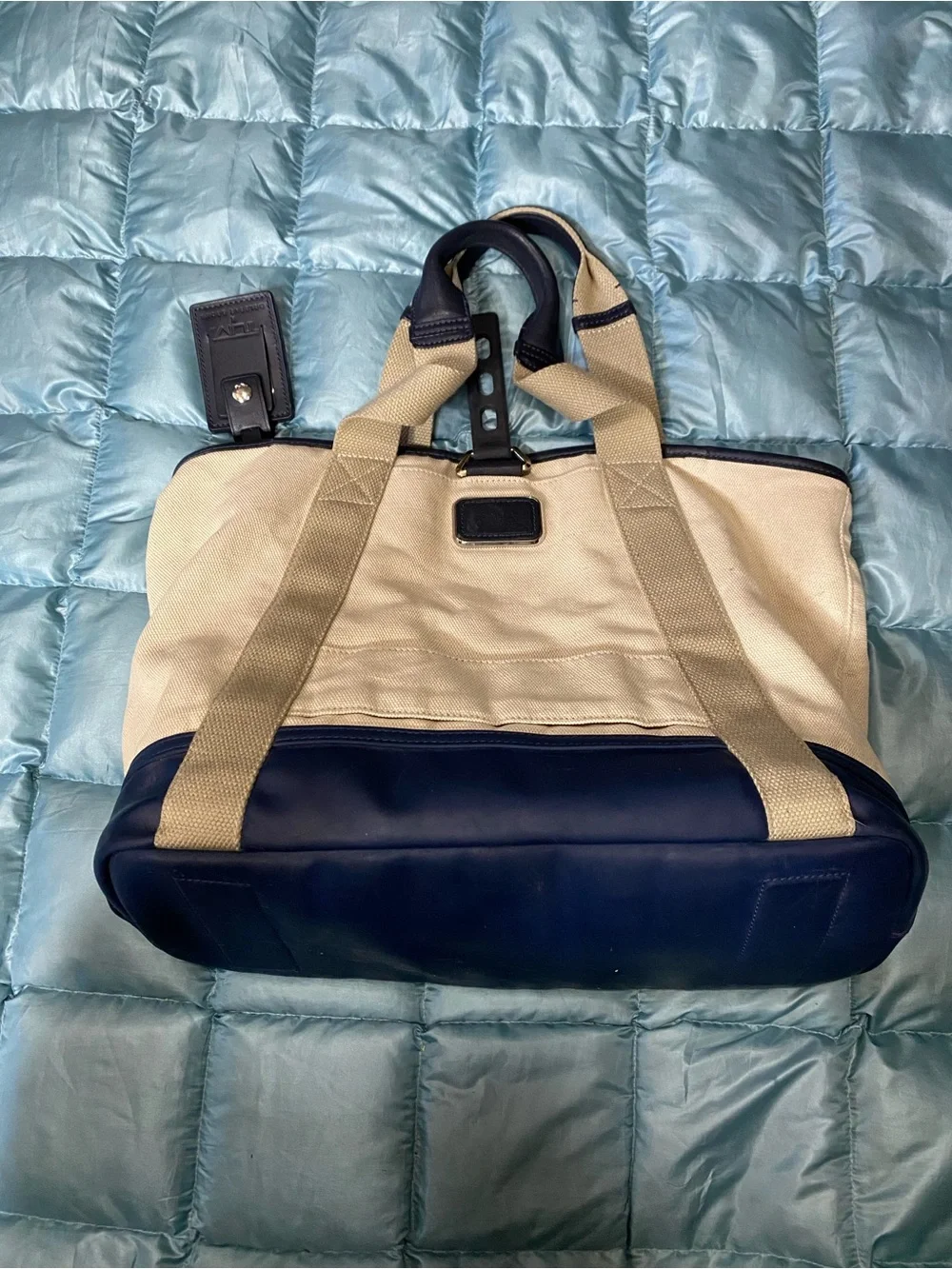 EUC Tumi X Orlebar Brown Canvas and Leather Travel Duffel Bag in Cream & Navy